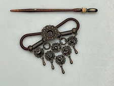 Vtg  Hair Barrette Stick Pin Bohemian Bronze Black Brown Cabochons Faux Leather