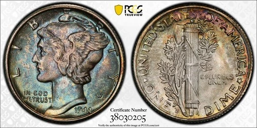 1944-S MERCURY DIME PCGS MS67+  Gold Shield  10c TONED blue