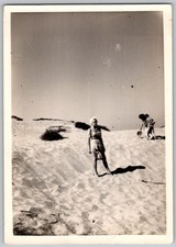 Vtg B&W Snapshot Woman Geraldine In Dress & Headscarf On Beach Sand Dunes 1946