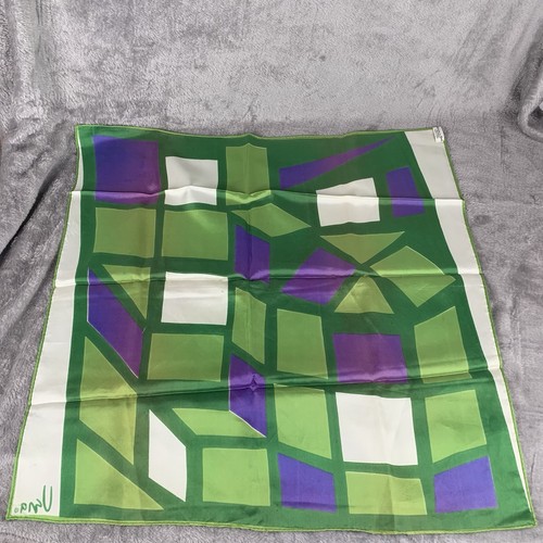 Vintage Vera MCM Square Geometric Print Scarf Green & Purple Japan Acetate Flaws - Picture 5 of 9