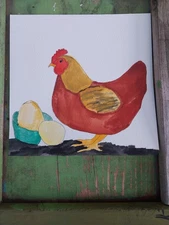 GAT PAINTINGS IMPRESSIONISM ORIGINAL COLLECTIBLE WHIMSICAL Hen Eggs Chicken 8x8