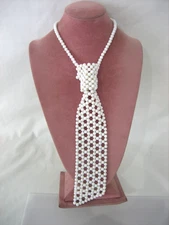 VTG Hong Kong White Bead Necktie Choker Collar Statement Necklace