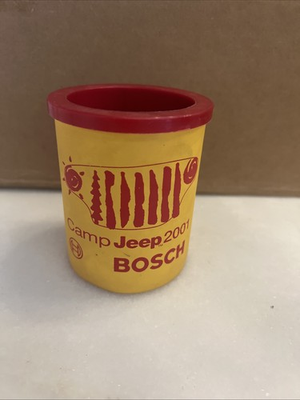 #ad Vintage Camp Jeep 2001 Bosch Foam Koozie Can Holder Yellow And Red Made in USA $10.38