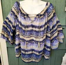 I.N. Studio Sheer Boho Striped Blue Tunic  Womens Plus Size 2X W/ Tank Top