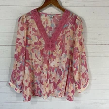 Counterparts Womens Floral Crochet Trim Long Sleeve Blouse Sz Medium Pink Peach