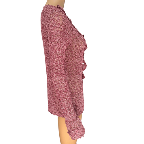 Cardigan lavorato a mano all'uncinetto cotone maglia larga volant dettaglio frontale adatto taglia M - Foto 2 di 6