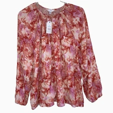 TIME AND TRU sz 2X Red Pink Floral Loose Fit Relaxed Tunic Top Plus Size 20W 22W