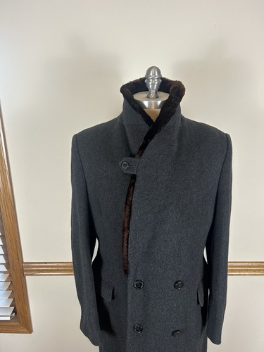 VTG TELLER CASHMERE BLEND GRAY DOUBLE BREASTED OVERCOAT WITH FAUX FUR COLLAR 42R - Picture 4 of 15