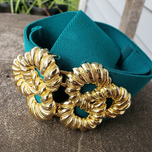 Vgt 80's Motion East Stretch Elastic Belt Green Goldtone Infinit Buckle One Size - Picture 6 of 12