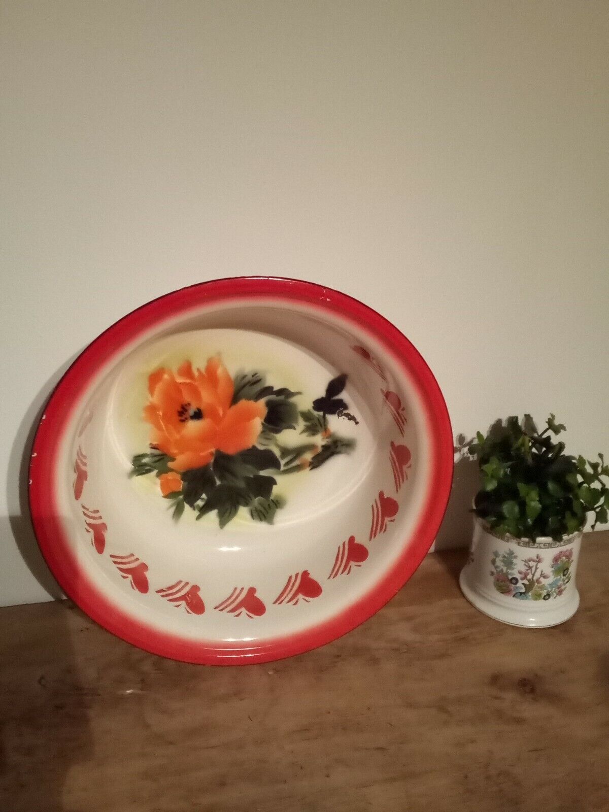 Vintage 1950's Rare Swallow Brand Chinese Enamel 36cm XL Orange Flower Bowl Natychmiastowa dostawa w specjalnej cenie