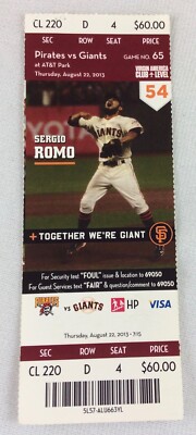 MLB 2013 08/22 Pittsburgh Pirates at SF Giants Full Ticket-Jeanmar Gomez WP