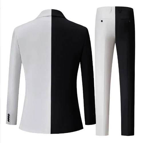 Men's Black and White Spliced Two-Piece Notch Lapel Casual Suit with Trousers - Bild 4 von 12