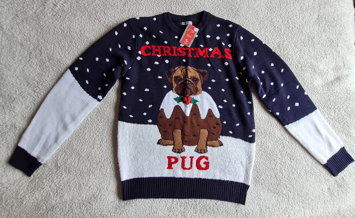 Men's Christmas Pudding Pug Jumper Navy Medium/38-40
