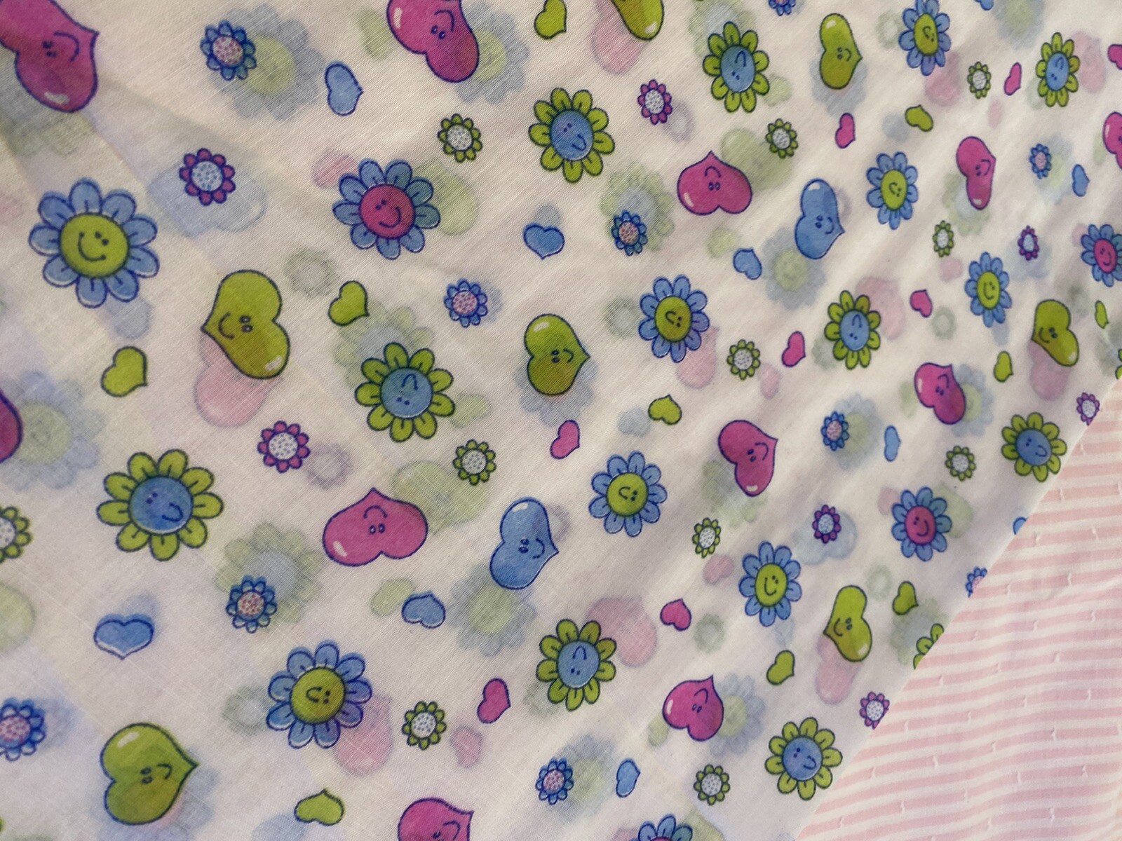 Vtg  Whimsical Floral Light Dimity Cotton Fabric Hearts Pink Blue 5 Yds Av BTY