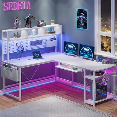 L Shaped Computer Desk Reversible 94.5'' Office Desk with Power Outlet &Led Light