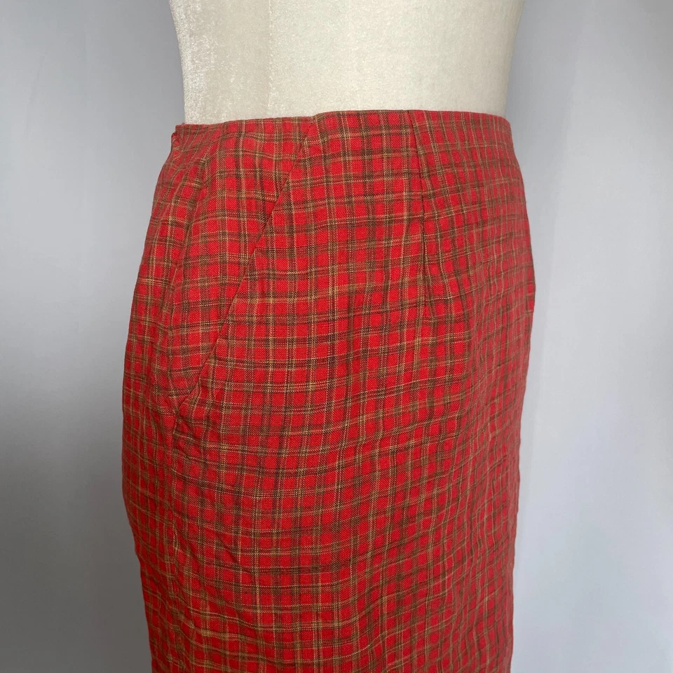 Falda lápiz vintage talla 4 naranja cuadros guinga 100 % lino verano preppy años 90 Foto 4 de 4