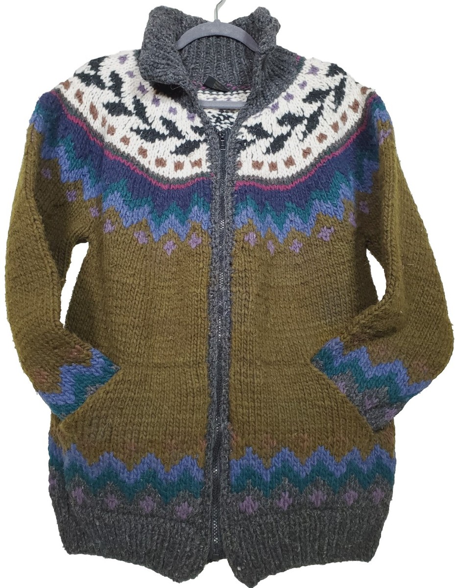 VTG Artesanias Pineda 100% Wool Sweater Full Zip Cardigan Colorful