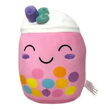 Boba Tea Plush 8" Pink Smiling Face Anthropomorphic Bubbles Novelty Gag Gift