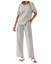 Women Waffle Knit Lounge Sets Short Sleeve Top and Long Pant Pajama Small Grey