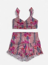 Pink Floral Ruffle High-Waisted Bralette Bikini Set Two-Piece Women's Swimwear
