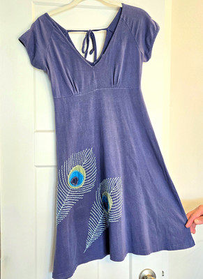 Synergy Organic Blue Cotton Knit A-Line Knee Dress Peacock Embroidery M
