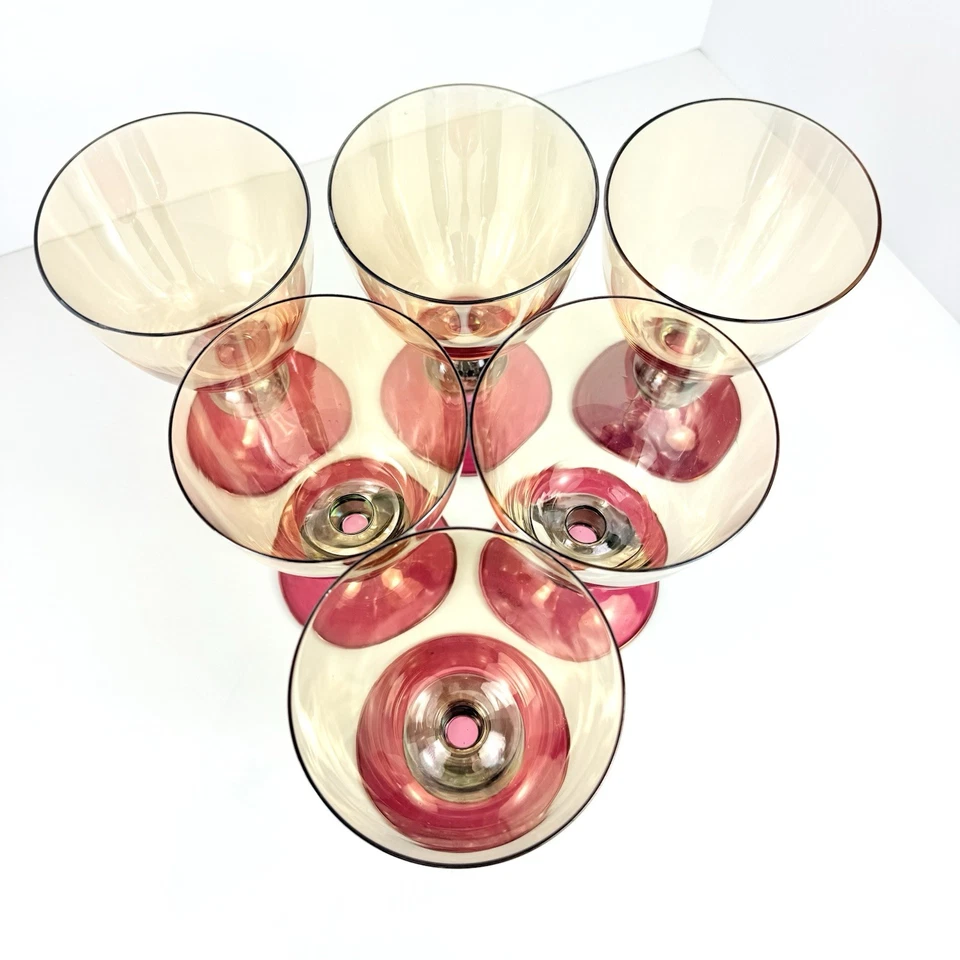 VTG Krosno Poland Blown Crystal Wine Glass Tri-Color Iridescent Ball Handle (6) - Image 4 of 4