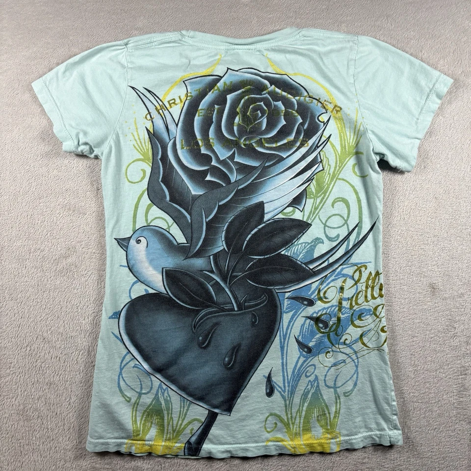 Christian Audigier by Ed Hardy Women’s M Blue Tattoo All Over Print T-Shirt #795 - Image 2 of 4