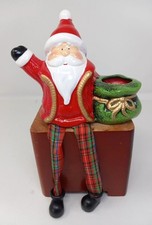Santa Shelf Sitter Figure Ceramic Dangle Plaid Legs Christmas Candle Holder 