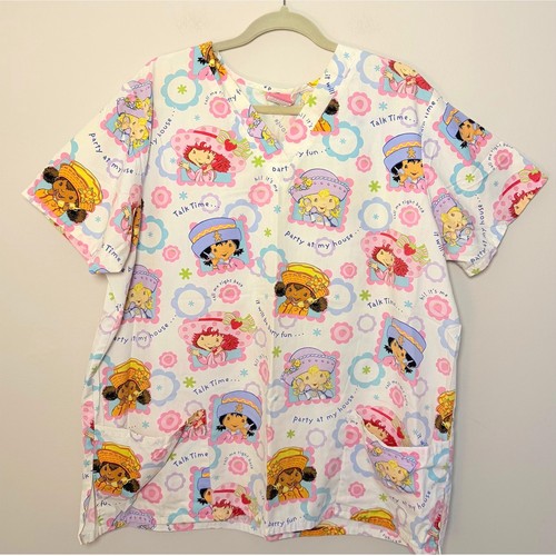Vintage Strawberry Shortcake 2003 Scrub Top Nurse Y2K V Neck Medical SZ 2XL