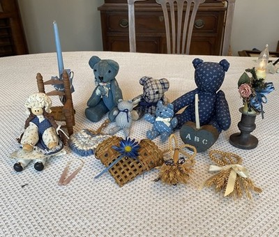 Lot Of (16) Grandmas Country Blue Shelf Sitters Decor Bears Candles Hearts Doll