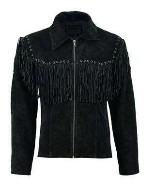Herren Wildleder Western Cowboy Lederjacke mit Fransen - Schwarz