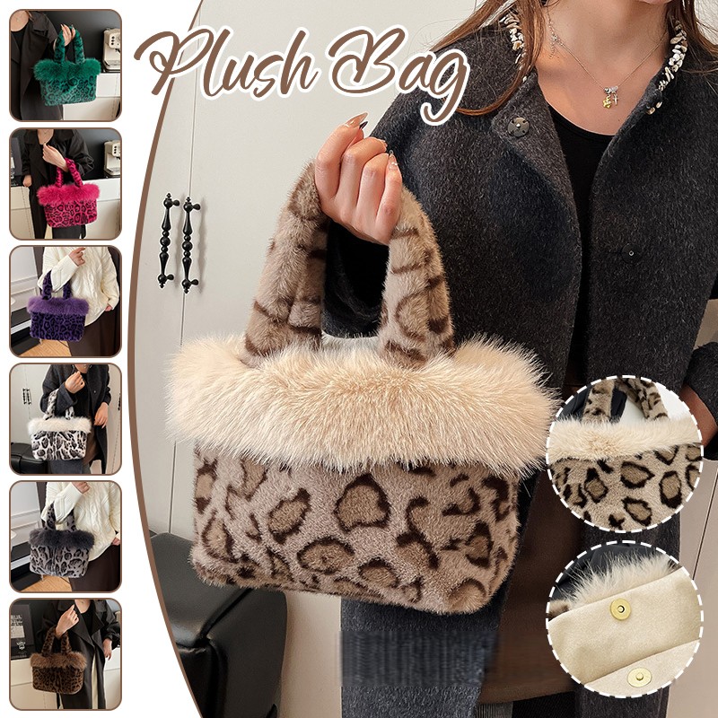 Women Leopard Print Fuzzy Plush Handbag Large Capacity Tote Bag Shoulder Bag