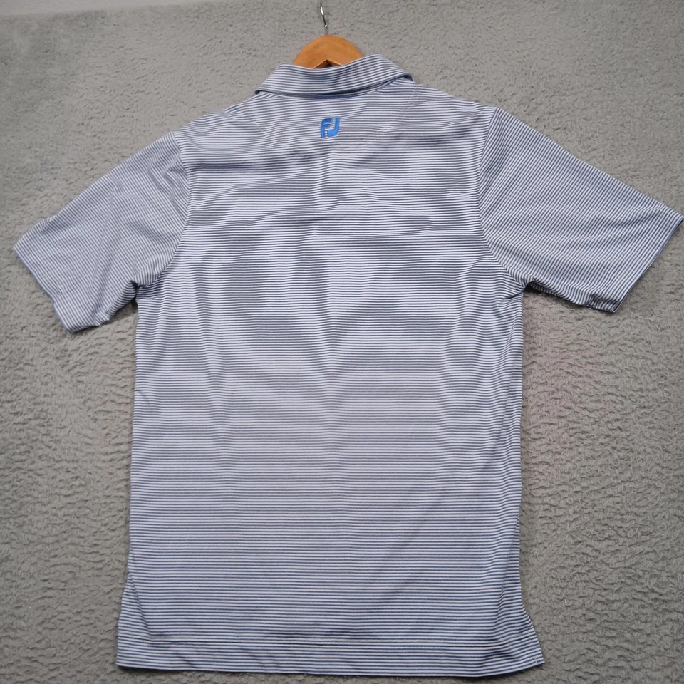 FootJoy Polo Shirt Mens Medium Blue White Stripe Athletic Fit Golf TPC Potomac - Image 2 of 4