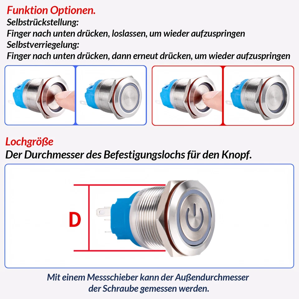 Drucktaster Schalter Button Hupe Switch 3V-220V Ø 8mm 12mm 16mm 19mm - 25mm IP65 - Bild 4 von 4