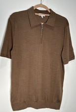 Reiss Mens Medium Brown Merino Wool 1/4 Zip Polo Short Sleeve Old Money Preppy