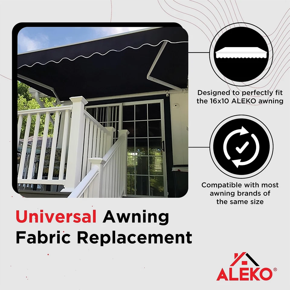 16x10 Black Retractable Patio Awning Fabric Replacement UV Protection Durable - Image 3 of 4