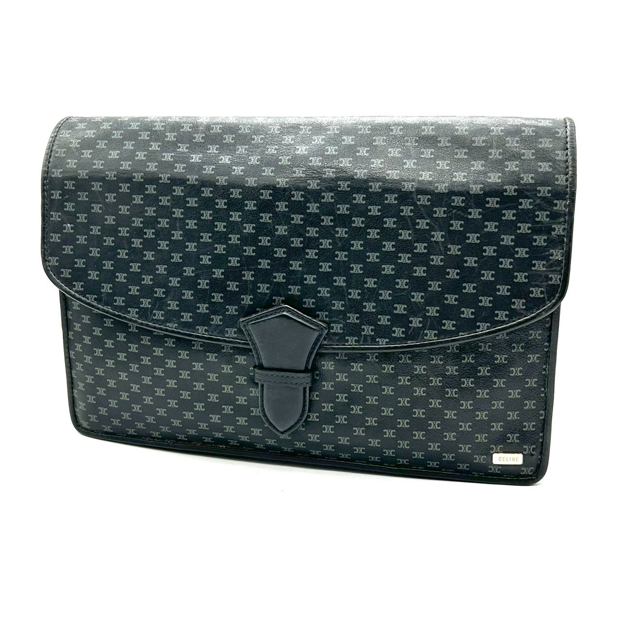 CELINE Vintage Clutch Bag Pouch Macadam Leather PVC Black Auth 0164