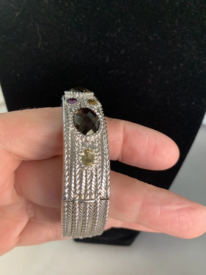 Judith Ripka Bracelet Hinged Cuff Sz 7.5" Smoky Quartz Amethyst Sterling Silver - Image 3 of 4