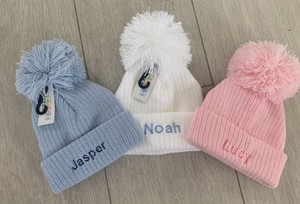 Personalised Baby Hat Pom Pom Knitted Winter White Pink Blue Gift Newborn 12 Ebay