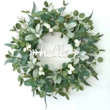 22 Inch Eucalyptus Wreath with Hello Sign, Spring Summer Wreaths for Front 