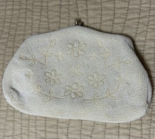 VTG Glass Beaded White Japan Frame Kiss Lock Handle Bridal Handbag