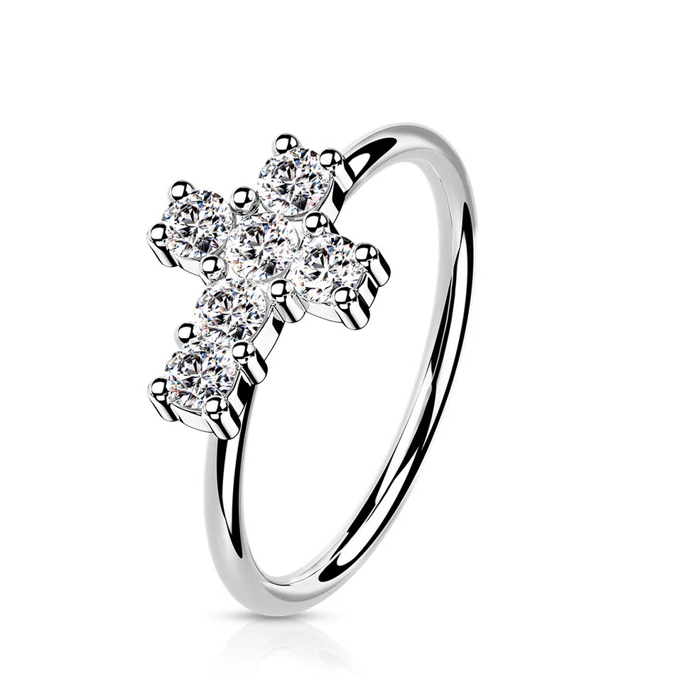 Anillo aro flexible oro 14K ópalo o circonita cúbica conjunto cruz calibre 20 bueno para nariz y oreja Foto 4 de 4