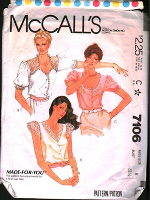 7106 McCalls SEWING Pattern Misses 1980s Buttoned Front Blouse Shirt Top OOP Sew