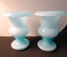 HTF Fenton Art Glass for Weil Ceramics Blue Overlay Milk Crest Rolled Top Vases