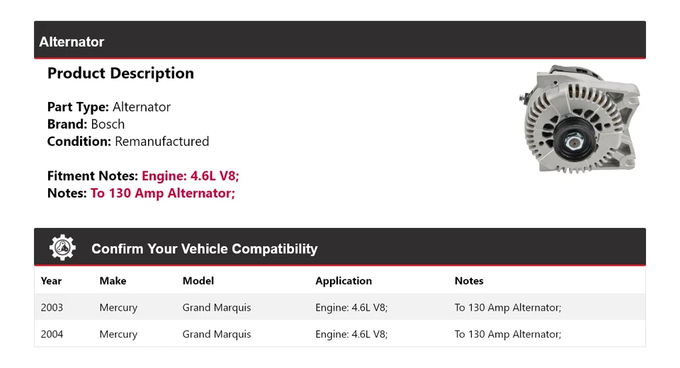 For 2003-2004 Mercury Grand Marquis 4.6L V8 Bosch Alternator (Remanufactured) - Image 2 of 4