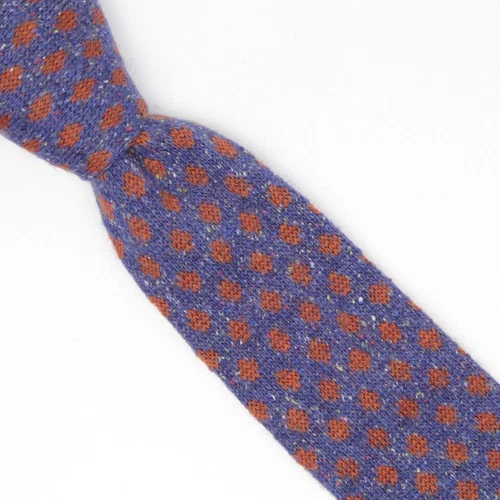 Gladson Mens Knit Wool Silk Blend Necktie Blue Orange Polka Dot Square End Tie