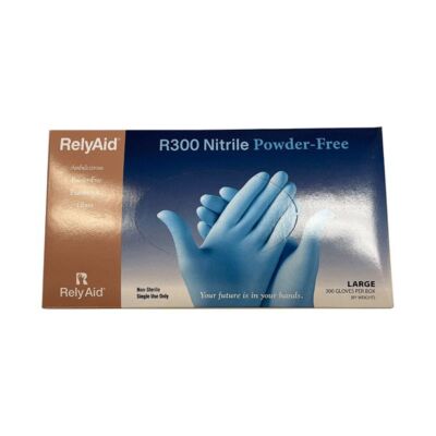 RelyAid R300 Nitrile Exam Gloves, Powder-Free, Large, Blue, 300/Box