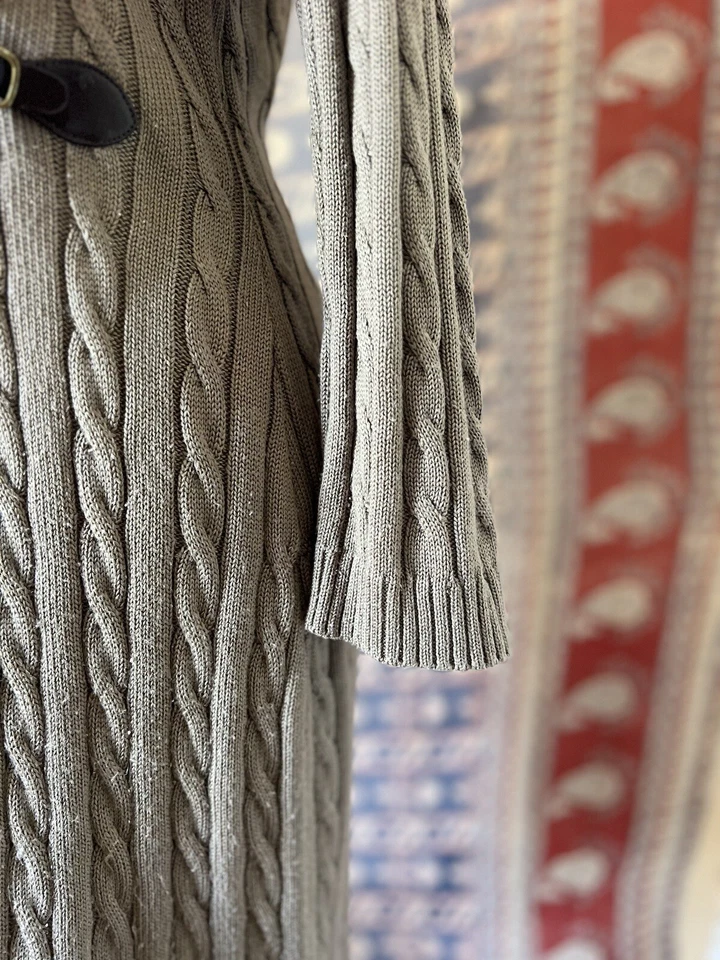 Vestido Suéter Calvin Klein Tostado Tejido con Cable Hebilla Bronceada Imitación Envoltura L Foto 4 de 4