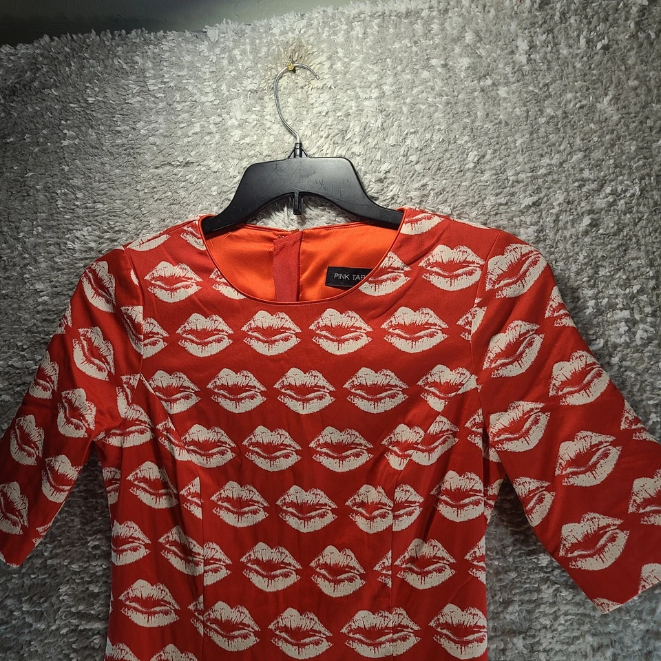 Vestido recto estampado beso labios rojo tartán rosa talla 4 algodón nailon abertura forrada Foto 3 de 4