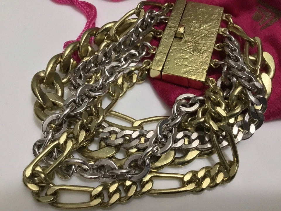 "Brazalete deslizante SILPADA K&R de latón y plata cadenas de eslabones anchos y gruesos 8"" usado en excelente estado" Foto 2 de 4